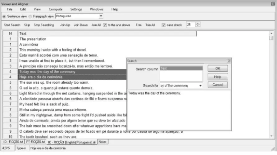 Figura 2: Captura de tela do software Wordsmith Tools® ilustrativa da etapa de  alinhamento e extração das linhas de concordâncias e suas traduções 