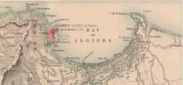 Figure 2.01 : Carte d'Alger et ses environs en 1858. Par J.Hugh Johnson,   Source : Carte imprimée à - l'Institut Géographique - de Stanford ( Cal.USA) 