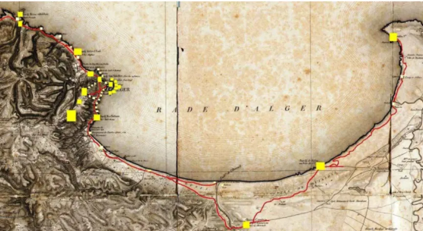 Figure 2.09: Carte de la baie d'Alger, montrant les points défensif de la ville et le port   