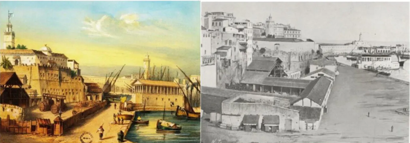 Figure 3.02 :  Gauche : Le port d'Alger 1845, prise au daguerréotype par Bettinger, Champin  lith