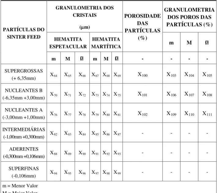 TABELA 3.2 – Lista dos 48 parâmetros selecionados para representar a identidade    microestrutural das partículas do sinter feed de minério de ferro