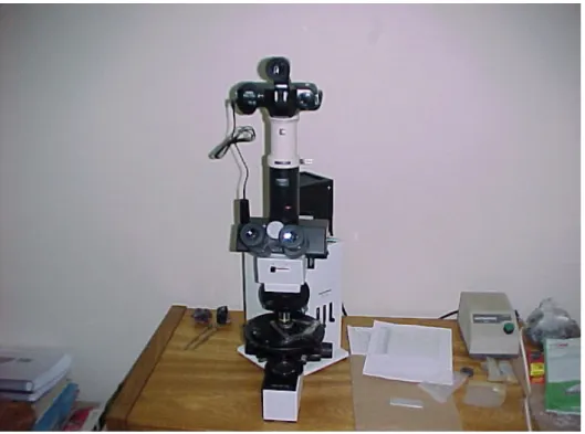 Figura 4.1 – Microscópio ótico de luz refletida, marca Olympus, modelo BX-40, pertencente  ao aluno, utilizado nesta dissertação