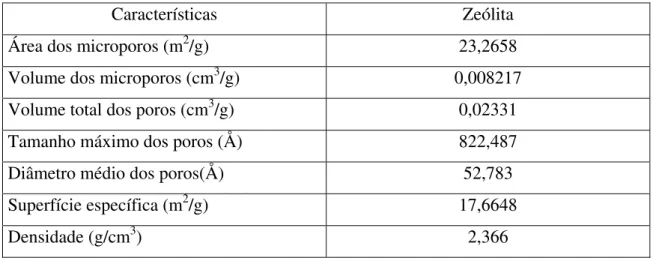 Tabela 5 – Características da zeólita. 