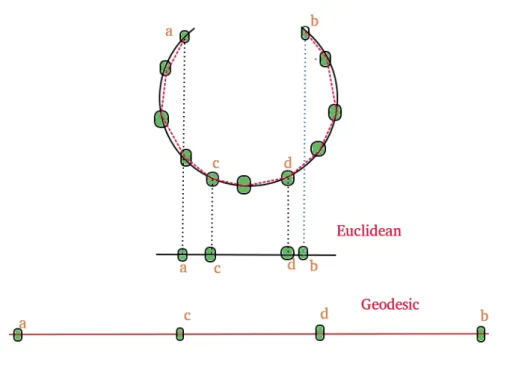 Figure 2.4: Differences between 1-D mappings of the two distance metrics. The mapping obtained with the euclidean distance gives off incorrect distances between the points while the geodesic distance gives a very accurate distance between the same points [