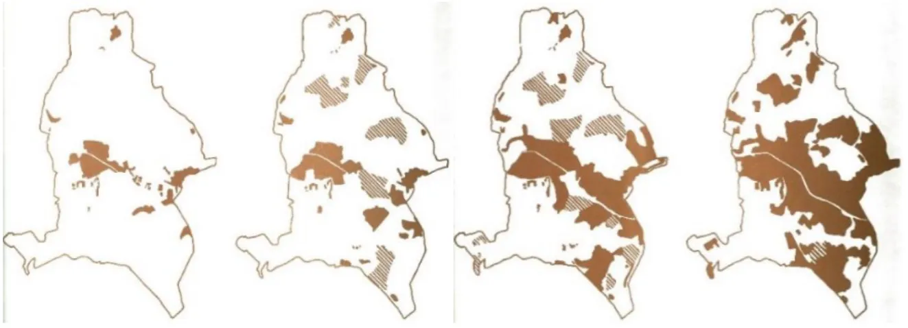 Figura 3 - Evolução da ocupação do território 1955, 1965, 1975 e 1989. Fonte Plano Diretor Municipal