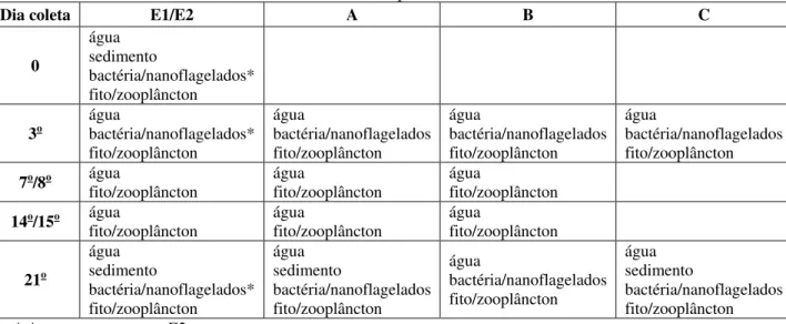 TABELA 3: Resumo das amostragens realizadas em cada ponto e mesocosmo durante o período experimental