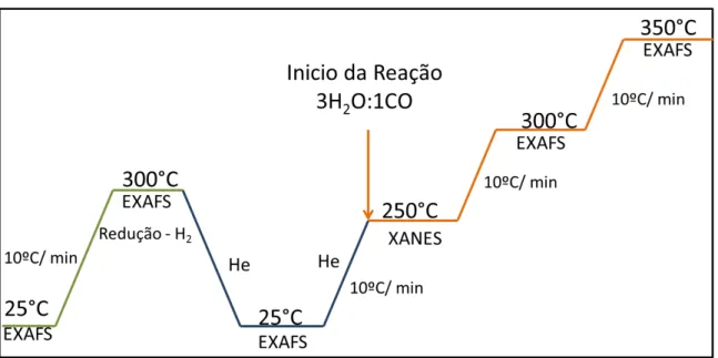 Figura 5: Esquema dos experimentos de XAS in situ realizados na linha de luz XAFS 1. 