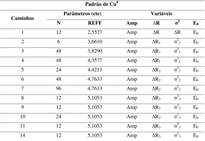 Tabela 3: Parâmetros e vínculos utilizados entre os parâmetros para o ajuste dos espectros de EXAFS para o  padrão de Cu metálico
