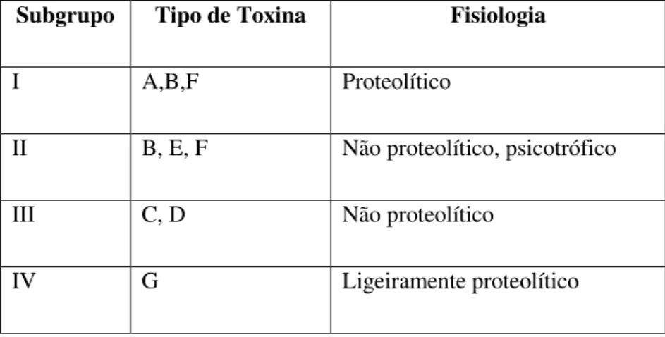 Tabela 2 - Características dos subgrupos de C.botulinum - Adaptado de (Bhunia, 2008)  Subgrupo Tipo de Toxina Fisiologia