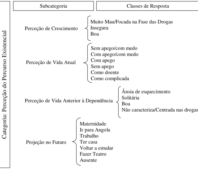 Figura 5.2. Categoria perceção do percurso existencial, as correspondentes subcategorias e as respetivas classes  de resposta