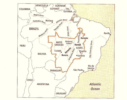 Ilustração 1 - Localização do Brasil Central e do dos A’uwê Uptabi no Estado de Mato Grosso Fonte: GARFIELD (2001).