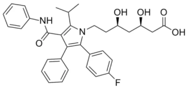 Figura  2  -  Fórmula  molecular  estrutural  da  atorvastatina,  como  exemplo  de  medicamento artificial (MedicaLook, 2014b)