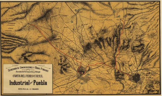 Figure 14 –La ligne du Ferrocarril Industrial de Puebla. À droit en bas, la ville de Puebla, au centre en bas, la ville  de Cholula et à gauche le village de Huejotzingo