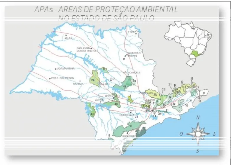 Figura 1- APA do estado de São Paulo (4 a)  Corumbataí/Botucatu/Tejupá e (13 a) - Piracicaba/Juqueri-Mirim(área1)  Fonte: (SMA ,2010