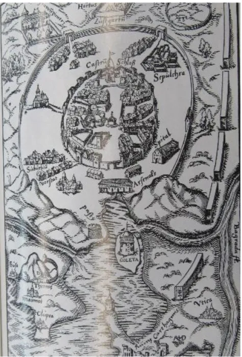 Figure 2.5 Copie de la carte d’Agustino veneziano faite à l’occasion de l’expidation de Charles  Quint en 1535 Tunis est représenté entoure d’une double enceinte 