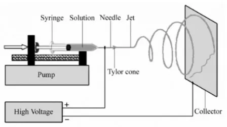 Figure 2.8 - Schematic diagram of the basic experimental electrospinning setup [59]. 