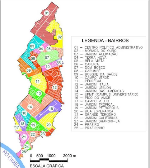 Figura 4.8. Mapa dos bairros inseridos na bacia do Barbado  Fonte: Adaptado de (CUIABÁ, 2009) 