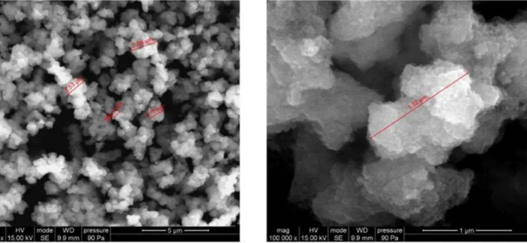 Figure  2.12.  SEM  micrographs  of  PC500  (powder  form)  at  magnifications  of  15  000x  and      100 000x