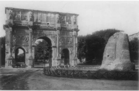 Figura 16: Visão norte do Arco de Constantino e fragmentos da Meta Sudans, 