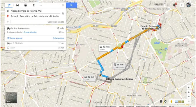 Figura 5.3: Rota entre a Esta¸c˜ao central de metrˆo – Belo Horizonte e Par´oquia de Nossa Senhora de F´atima – Belo Horizonte (Retirada do Google Maps em 02/09/2014).