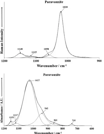 Fig. 5. (a) Raman spectrum of paravauxite over the 300–800 cm 1 spectral range.