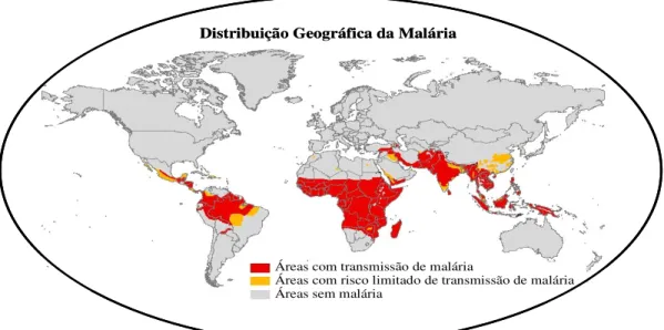Figura I.2  –  Mapa  da  distribuição  geográfica  da  malária  em  2002  (adaptado  de  http://www  .well.ox.ac.uk/ich/images/malaria_2002.jpg) 