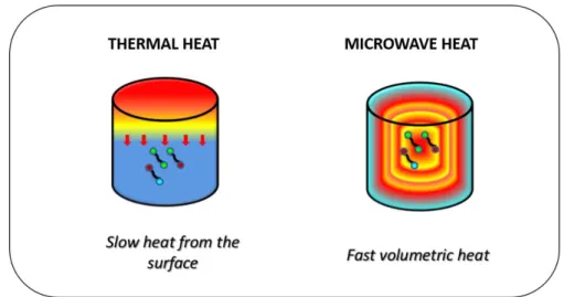 Fig. I.1.5 – Schematic representation of the mechanisms underlying microwave and thermal heats