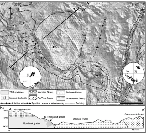 Fig. 4. (a) Lithological and structural map of the study area showing the dominant peak- to post-peak metamorphic fabric and mineral lineation