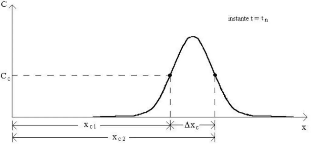 Figura 3.8 – Perfil longitudinal de concentração em um instante genérico t n  e  trecho ∆ ∆ ∆x∆ c  em que as concentrações excedem C c  