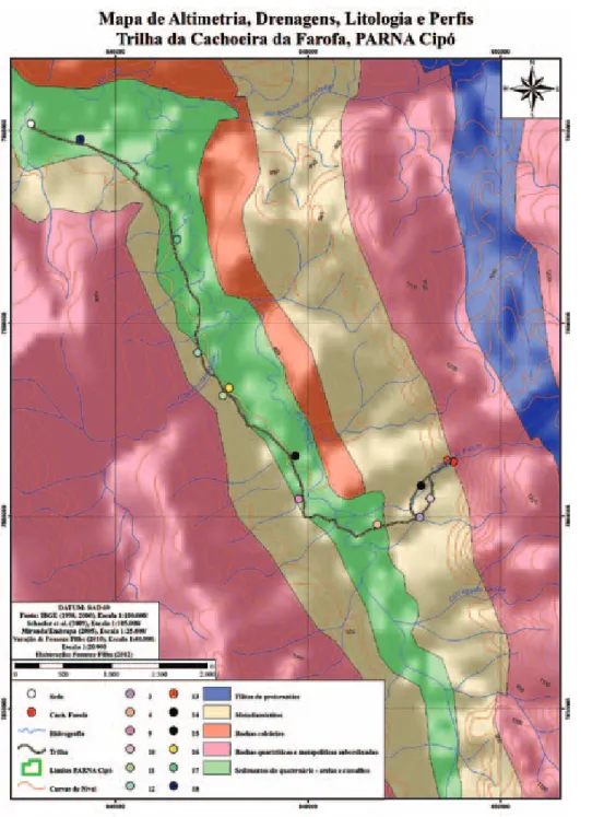 Figura 3 Geologia e  hidrografia da área onde se  situa a Trilha da Farofa, no  Parque Nacional da   Serra do Cipó.