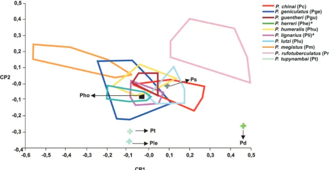 Fig. 2: mapa fatorial (CP1 X CP2) entre as espécies de Panstrongylus. CP1: primeiro componente principal (52,9%); CP2: segundo componente principal (22,1%) demonstrando 75% da variação total