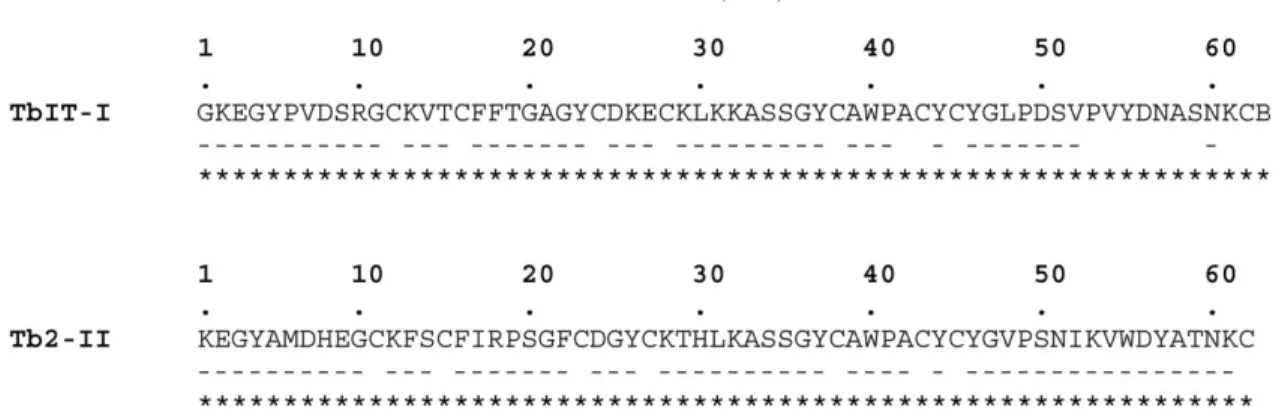 Fig. 2. Amino acid sequence of TbIT-I and Tb2-II, obtained by automated Edman degradation