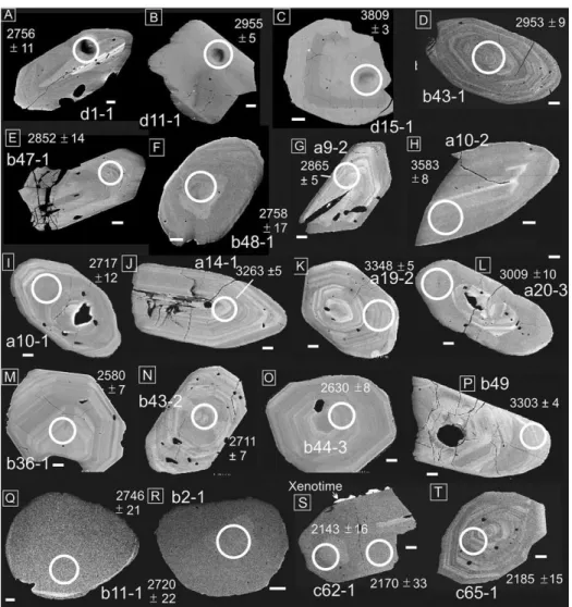 Fig. 3. Backscattered electron images of zircon crystals showing analyzed spots and ages in Ma