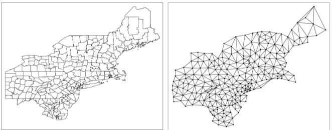 Figura 10 – Mapa do Nordeste dos Estados Unidos: ` A esquerda um mapa dividido em um conjunto de regi˜oes; ` A direita o grafo correspondente.