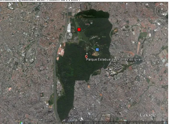 Figura 2: Foto via satélite, do Parque Estadual Fontes do Ipiranga. Quadrado vermelho: Ilha do Jd