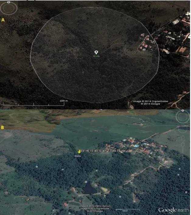 Figura  4.  Imagem  aérea  mostrando  a  área  do  entorno  da  Gruta  do  Riacho  Subterrâneo,  Itu,  São  Paulo (A), com 250 metros de diâmetro, delimitados em seu entorno