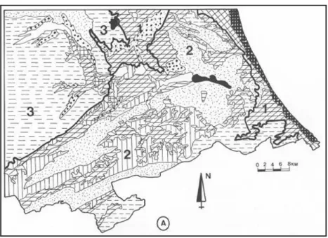Figura 2- Ambientes MD de Valência, onde: 1 representa as Planície Costeira; 2 os vales e serras pré-béticas; 3  o maciço de Caroch