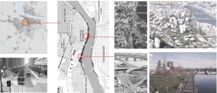 Figura 4.7 – Região metropolitana, projecto de via na zona central de Portland e renovação da área de  frente litoral de rio (Escota, 2006)