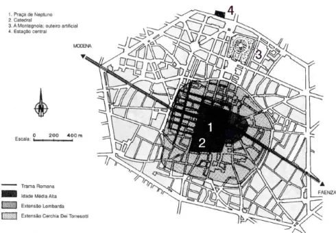 Figura 2.4 – Evolução do centro de Bolonha, sobreposição da trama ortogonal romana e da rede  de vias Lombardas (Pelletier, 1997)