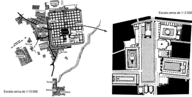 Figura 2.9 – Cidade de Timgad na Argélia e fórum principal de Pompeia como exemplos de  urbanismo típico romano (Pelletier, 1997)