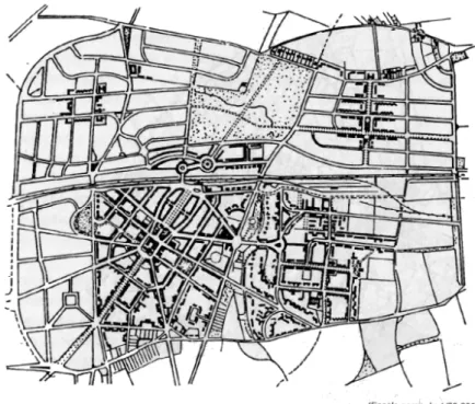 Figura 2.11 – O urbanismo inglês dos anos 1900 na cidade jardim de Letchworth (Pelletier, 1997)