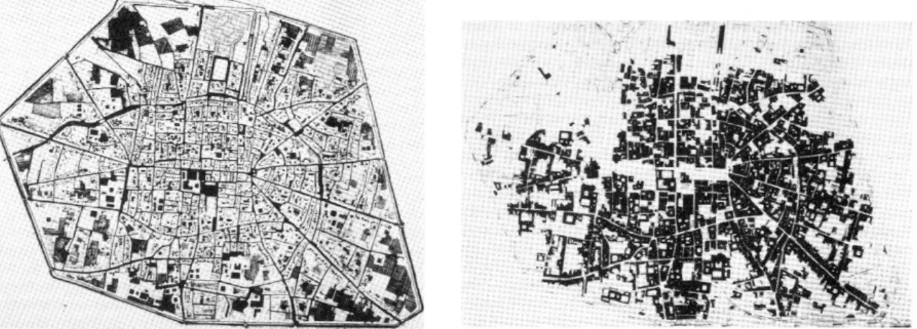 Figura 4.1 – Organização morfológica da cidade de Bolonha no século XIX e do actual centro  histórico (Benevolo, 2006)