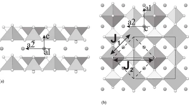 Figura 3.2: Estrutura de Van´adio. As esferas cinzas representam os c´ations de Li. (a) Vis˜ao das camadas de V OP O 4 (b) Estrutura com caracter´ısticas de modelos te´oricos, com interac¸˜oes que representam primeiros e segundos vizinhos, J 1 e J 2 , resp