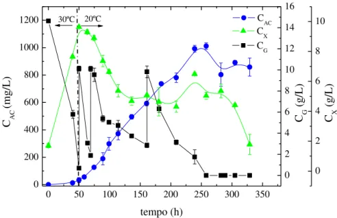 Figura 3.22 – Perfis de concentração de AC (C AC ), células (C X ) e glicerol (C G ) ao longo do tempo no  cultivo em batelada com 3 pulsos de glicerol e com redução de temperatura de 30 para 20ºC   