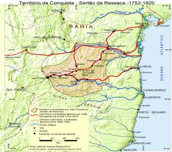 Figura 3: Mapa da ocupação territorial e origem do Arraial da Conquista, Bahia.