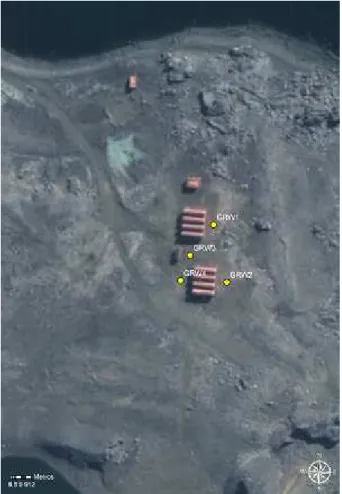 Figura 12.1 – Imagem de satélite com os pontos de coleta (destacados em amarelo)  ao redor dos tanques de diesel da estação chinesa Great Wall 