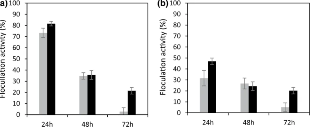 Fig. 4    Flocculation activity  of the TB-EPS produced by  Enterobacter sp. SW (grey bars)  and P