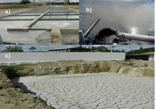 Figura  3.5:  a)  Tanque  de  decantação  do  resíduo,  b)  Descarga  da  lama  na  barragem  de  rejeito c) Resíduo sólido seco no fundo de uma lagoa (PONTES, 2000)