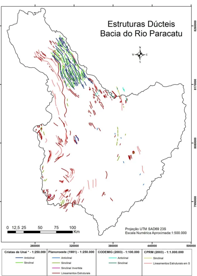 Figura 3.4 – Estruturas dúcteis da Bacia do Rio Paracatu. Fonte: a pesquisa. 