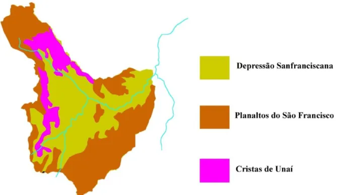 Figura  3.8  –  Unidades  Geomorfológicas  da  Bacia  do  Rio  Paracatu.  Fonte:  IGAM  (2006),  a  partir  das  bases  cartográficas de RURALMINAS (1996)